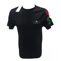 LACOSTE T-SHIRT ME ΛΑΙΜΟΚΟΨΗ ΜΑΥΡΟ ΚΑΙ ΑΝΑΓΛYΦΟ LOGO ΕΜΠΡΟΣ REGULAR FIT UNISEX